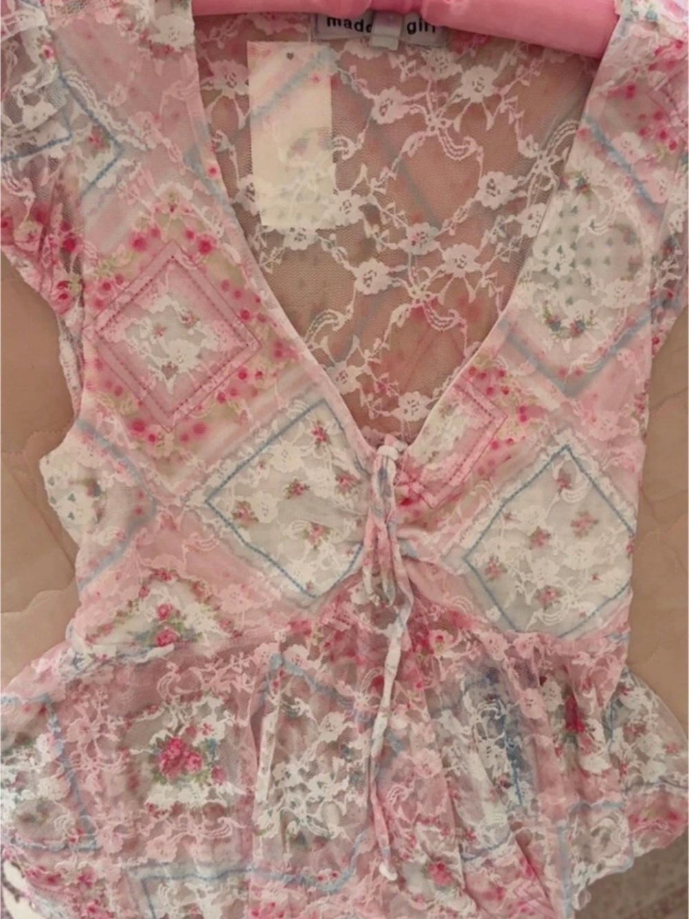 Pink Floral Lace Front Blouse